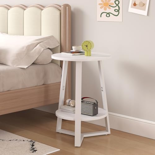 sthmec Small Round End Table, 2 Tier Side Table with Storage Shlef,Coffee Table Wooden Tabletop & Metal Frame,Round Accent Table Small Nightstands Couch Tables for Bedroom,Livingroom,White - color: White