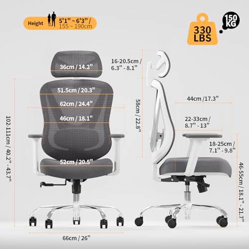 Ergonomic Mesh Office Chair - 3D Adjustable Lumbar Support & 3D Armrests, V-Shaped Back, Adjustable Desk Chair for Office & Home, White - color: White