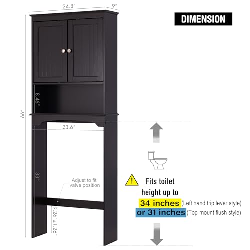 Spirich Over Toilet Storage Cabinet with Doors, Espresso Bathroom Organizer | FSC-Certified MDF, Raised Panel Doors, Adjustable & Open Shelves, Anti-Tip Mount, Fits Behind & Above Standard Toilets - color: Espresso