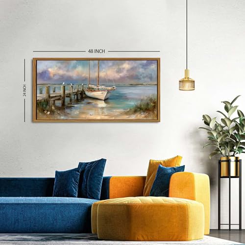 Vintage White Boat Wall Art Framed Coastal Wall Decor Bathroom Bridge Dock Decorations Vintage Ocean Beach Landscape Picture Canvas Prints Seascape Seagull Poster Artwork Living Room Decoration 24x48 - color: Boat, size: 24"L x 48"W