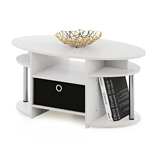 Oval Modern Coffee Table with Side Shelves and Storage Bin, Side Table with Shelf, Coffee Table, for Bedroom, Living Room, Home Office, White Oak/Stainless Steel - color: White Oak/Stainless Steel/Black