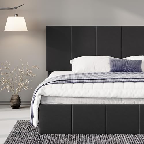 Allewie King Size Dutch Velvet Upholstered Platform Bed Frame/Vertical Channel Tufted Adjustable Headboard/Low Profile Bed Frame/No Box Spring Needed/Easy Assembly/Black - color: Black, size: King
