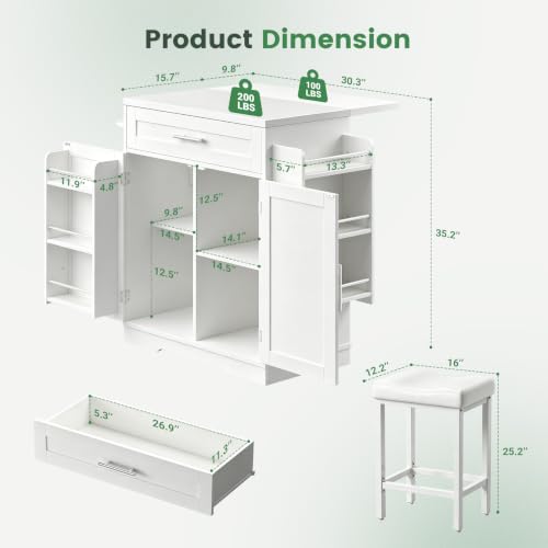 Dripex 41'' Kitchen Islands Foldable with Stainless Steel Top & Seating, Rolling Island Table for Kitchen with Drop Leaf, Bar Stool, Power Outlet, Adjustable Storage Shelves, Spice Rack, White - color: White