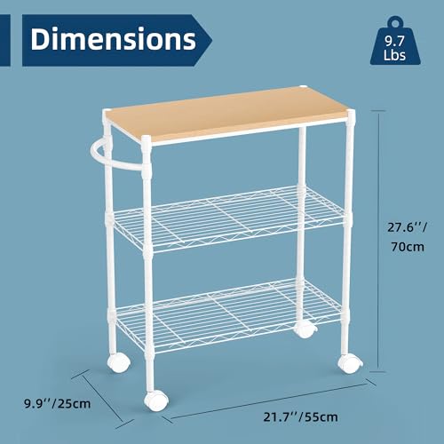 Whitmor 3 Tier Rolling Kitchen Cart,27.6"x10"x21.7”Heavy Duty Metal Storage Cart with Wheels, Adjustable Shelves, Lockable Utility Cart with Wood Top & Portable Handle for Indoor & Outdoor Use, White - size: 27.6 x 10 x 21.7 inches