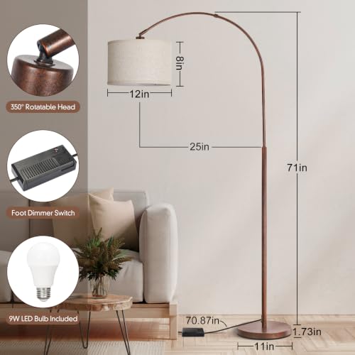 Dimmable Arc Floor Lamps, Antique Bronze Lamp with Adjustable Hanging Shade | Arched Standing Lamp, Mid Century Modern Lamp, Tall Pole Reading Light for Living Room, Bedroom, Office, 9W LED Bulb Included - color: Antique Bronze