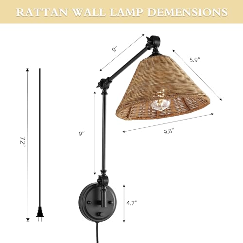 WINGBO Wall Sconce Rattan Wrapped Wall Lamp, Adjustable Swing Arm Wall Light Fixture Vintage Bedside Light Wicker Handmade Shade Reading Light Plug in or Hardwire (Black, 2 Pack) - color: Black