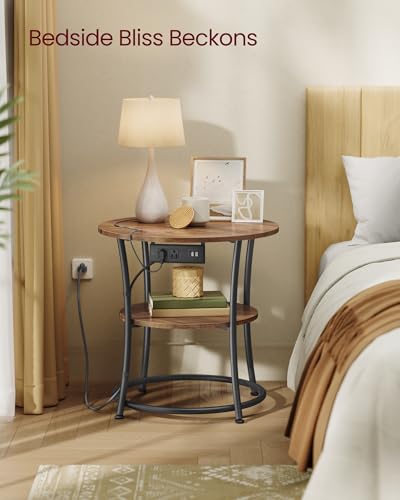 VASAGLE 21.7-Inch Round Side Table, 2-Tier End Table | Nightstand with Steel Frame, Spacious Top, for Small Spaces, Living Room, Bedroom, Honey Brown and Ink Black ULET077K02 - color: Honey Brown + Ink Black, style: With Power Strip