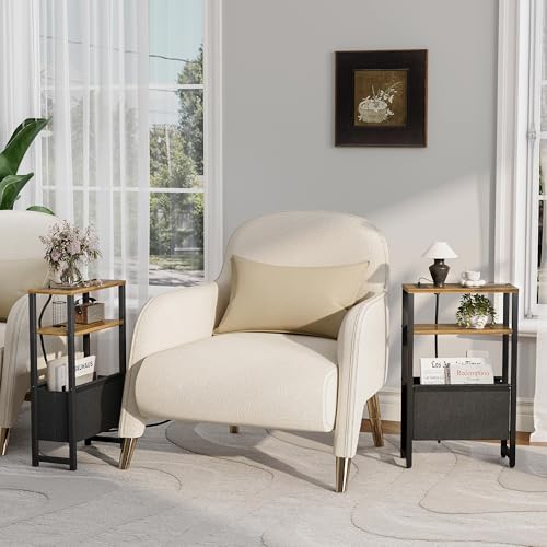 Narrow Side Table with Charging Station Slim End Table Sofa with Magazine Rack, Bedside Table for Small Spaces, 3 Tier Nightstand for Living Room Couch, Bedroom Walnut Brown LET503BRE - color: Walnut Brown, style: With Charging Station