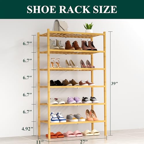Smiry Bamboo Shoe Rack, 14 Vertical Slats, 6 Tier - 26.8" Wide, Natural | Stackable Free Standing Wooden Shoe Organizer, Wood Shoe Storage Shelf for Closet, Entryway, Thicher Leg - color: Natural, size: 26.80" Wide - 6 Tier - Thicker
