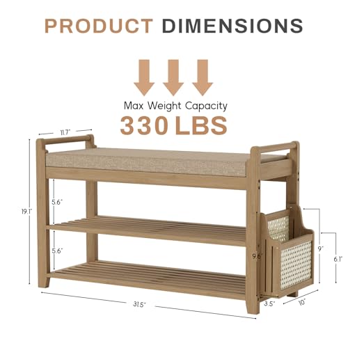 Homaxy 2-Tier Shoe Rack Bench, 31.5 in, Walnut and Light Brown | Bamboo Entryway Bench, with Side Holder, Shoe Rack Organizer with Cushion for Front Entrance, Hallway Living Room Bedroom - color: Walnut and Light Brown, size: 31.5 in
