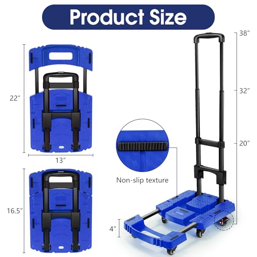 Voipvvii Folding Hand Truck 500lbs, Portable Heavy Duty Dolly Cart, 6 Wheels Collapsible Luggage Cart with 2 Elastic Ropes - Compact Trolley Cart for Easy Moving - Ideal Hand Cart for Travel and More - color: Blue