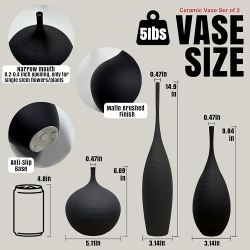 Black Ceramic Vases Set of 3, Modern Boho Vases for Centerpiece Decor, Matte Minimalist Decorative Vases for Home Decor, Living Room, Bookshelf, and Entryway Table Decor - color: Black