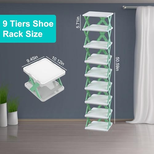 9Tier Narrow Entryway Shoe Rack Plastic Vertical Shoe Organizer Space Saving Free Standing Shoes Storage Shelf Closet Hallway - color: Green