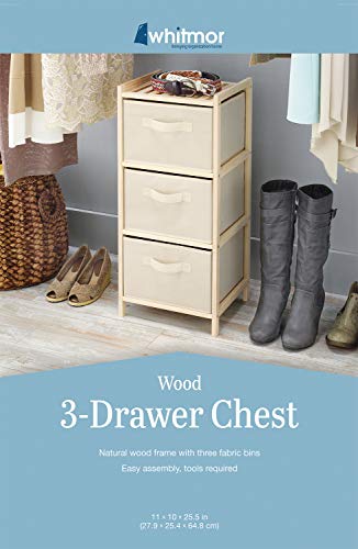 Whitmor 3 Drawer Wood Chest Organizer, Natural Pine Storage with Pull Out Fabric Bins, Easy Assembly, Compact Design for Bedroom Closet Nursery, 11.0"L x 10.0"W x 25.5"H