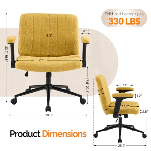 VINGLI Criss Cross Chair with Adjustable Flip-Up Arms,Cross Legged Chair with Wheels,Extra Wide Office Chair,Desk Chair for Home Office,Vanity,Bedroom, Apartment,Starry Chenille,Pale Yellow - color: Pale Yellow