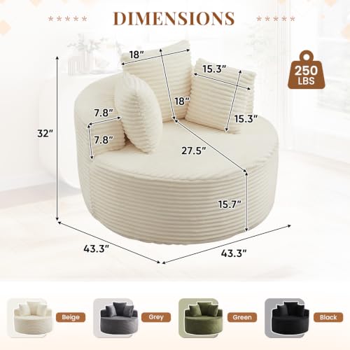Round Chaise Lounge Chair Indoor, 43" Corduroy Circle Single Cloud Reading Chairs Modern Upholstered Boneless Sofa for Living Room, Bedroom Apartment, Beige - color: Beige, style: 43"Corduroy