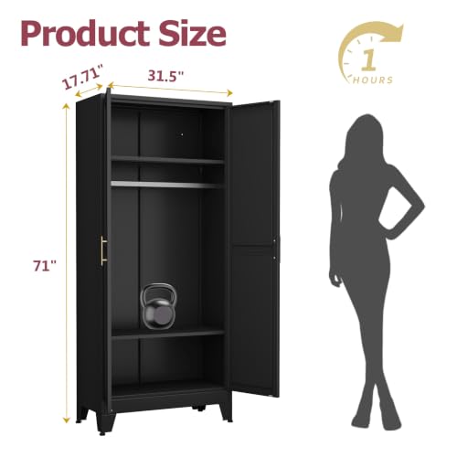 GAIOUS Metal Wardrobe Cabinet with Hanging Rod, Clothing Storage Cabinets | with 2 Doors and Adjustable Shelves, 71" Metal Black Armoire Wardrobe Closet for Bedroom, Laundry Room, Cloak Room - color: No Drawer Black, size: 17.71"D x 31.5"W x 71"H