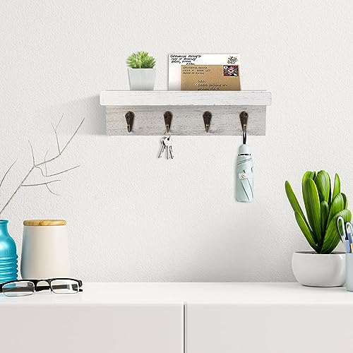 HRONRAD Rustic Key Holder for Wall, Farmhouse Wall Shelf with 4 Hooks, Wall Mounted Key Racks, Wooden Mail Organizer with Hooks for Entryway (White) - color: White