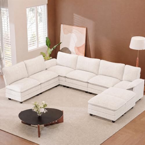 JUMMICO 232" Oversized Sectional Couch, Modular Cloud Sofa, White | Comfy Chenille, 2 Movable Ottoman, Deep Seat, Double Layer Cushion, 6 Seat, High-Density Foam, for Living Room - color: White, size: Oversized Sofa