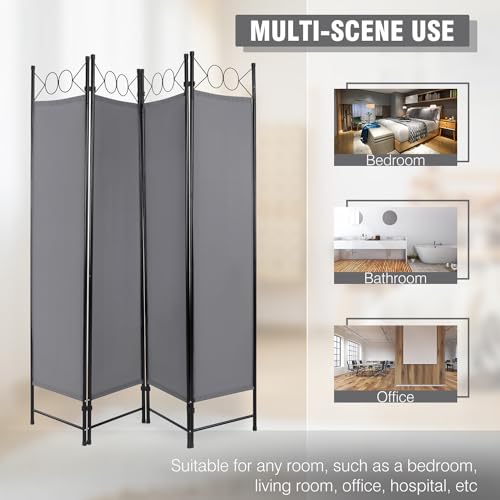 4 Panel Room Divider 6FT Steel Frame Screen Folding Privacy Divider Freestanding Partition for Home Office Bedroom,Grey - color: Grey