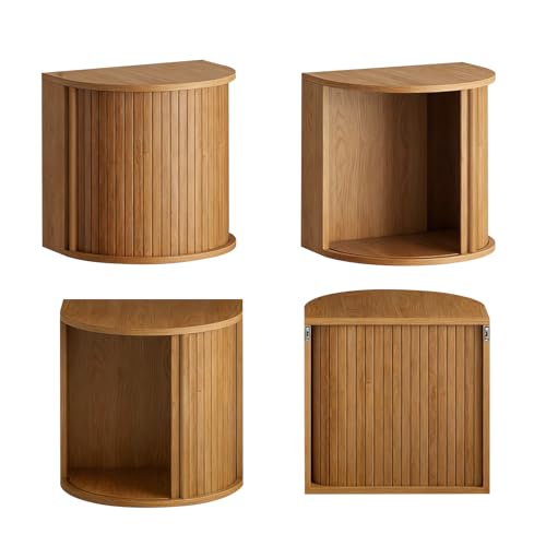 Floating Nightstand Set of 2,Wooden Wall-Mounted Nightstand with Fluted Sliding Roll-Up Door,Space-Saving,Suitable for Small Space Bedroom,Living Room - color: Walnut-floating Nightstand Set of 2