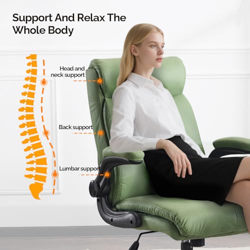 VINGLI Rolling Ergonomic Office Desk Chair with Padded Flip-up Arms, 360° Swivel High Back Executive Computer Task Chair with Wheels for Game,Home Small Space, Study Room, Reading Room,Pu Green - color: Leather-green