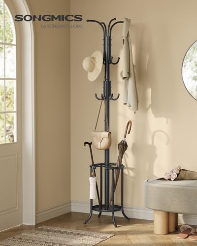 SONGMICS Coat Rack Freestanding Metal Coat Rack Stand with 12 Hooks | Coat Rack with Umbrella Holder, Ink Black, URCR011B01V1 - style: with round umbrella holder