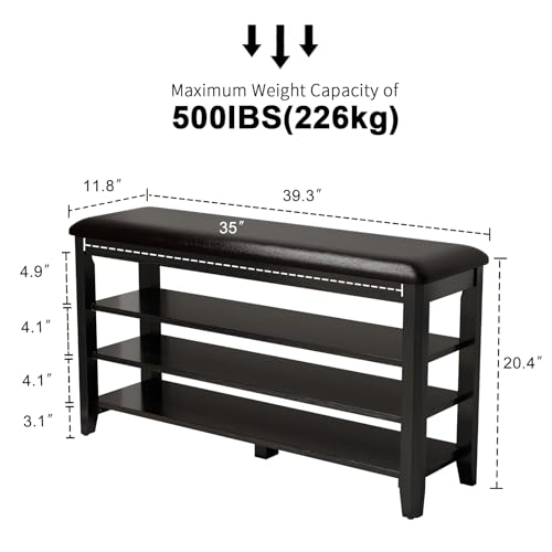 AQIMUELE Shoe Bench with Leather Cushion, 3 Tiers Shoe Storage Bench Height Adjustable, Walnut Wood Entryway Bench for Hallway, Mudroom - color: Black, size: 39.4"