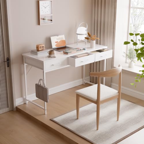Pamray 47 Inch Small Computer Desk with 3 Drawers for Bedroom Study Writing Home Office Table for Small Spaces White - color: White, size: 47 Inch