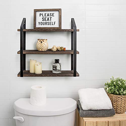 Mkono Floating Wall Shelves 3 Tier 17 Inch Rustic Hanging Shelf with Metal Bracket Wall Mount Wood Storage Display Shelves for Living Room Bathroom Bedroom Kitchen Office,Medium | Bathroom Storage, Clutter-Free, Easy Install, Rustic Decor, Over Toilet Org