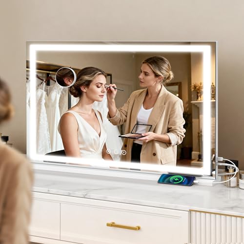 ROLOVE 39" x 28" Extra Large Vanity Mirror with Lights, Lighted Makeup Mirror with USB Charging Port & 10X Magnifier, 3 Color Dimmable Smart Touch, Wall Mounted or Tabletop Desk Mirror, White - color: White, size: 39"L x 28"W