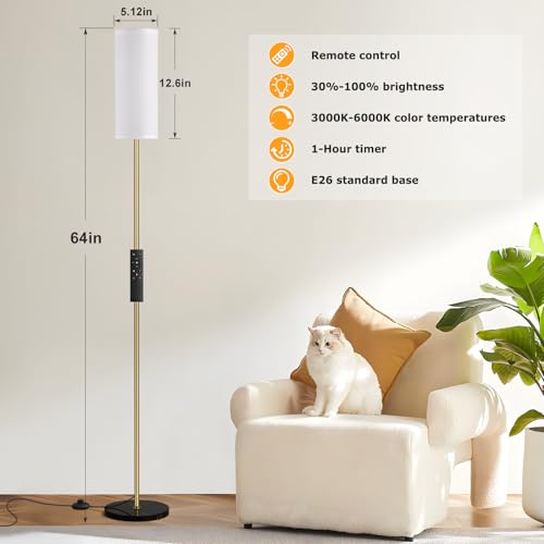 64'' Floor Lamps for Living Room with Remote Control and Stepless Dimmable Colors Temperature & Brightness, Gold Standing Lamp with Black Marble Base - color: black marble & brushed gold, size: 64.57 inches Round Shade