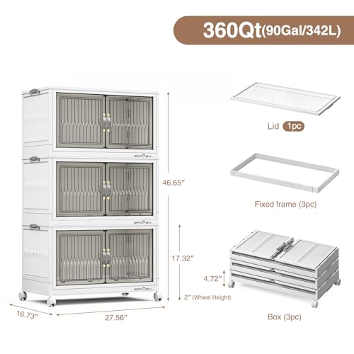 BROVIEW 360Qt Stackable Storage Bins with Lid for Home Dorm, 3Pack White | Closet Organizers, Foldable & Collapsible Cabinets, Large Containers, Wheels & Magnetic Doors, Plastic Drawers for School - color: White, size: 120QT-3Pack
