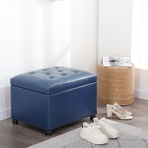 Faux Leather Storage Ottoman Bench Rectangle 24 Inch Foot Rest Ottomans - color: Blue Faux Leather