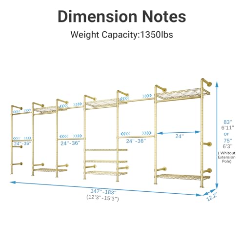 F6 Wall Mounted Clothes Rack - Expandable Industrial Pipe Closet System, Heavy Duty Hanging Garment Rack, Closet Organizer & Storage Solution for Wardrobe, Bedroom,Walk-in Closets,Gold - color: Gold