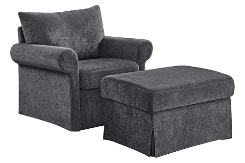 Eafurn Modern Chenille Accent Chair with Ottoman for Small Space, Comfy Upholstered Reading Chairs Lounge Armchair with Foot Rest, Sturdy Solid Wood Frame for Living Room - color: Gray 37.5"