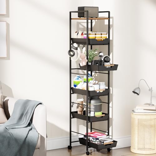6-Tier Slim Rolling Storage Cart with Wheels, Metal Organizer Tall Rolling Cart, Wood Top Narrow Mobile Utility Cart with Pull-Out Baskets for Kitchen, Bathroom, Laundry Room, 13in(W) Black - color: Black, size: 6 Tier(13 inches)