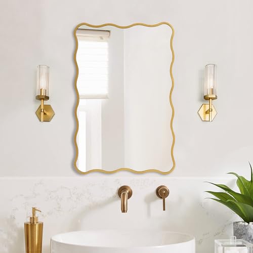 Gold Wavy Bathroom 20x30 Rectangle Scalloped Farmhouse Wall Mirror | Wood Medium Brushed Modern Decor Accent Mirror, For Girl Bathroom Entryway Living Room Nursery Bedroom, Horizontal & Vertical - color: Gold, size: 30"L x 20"W