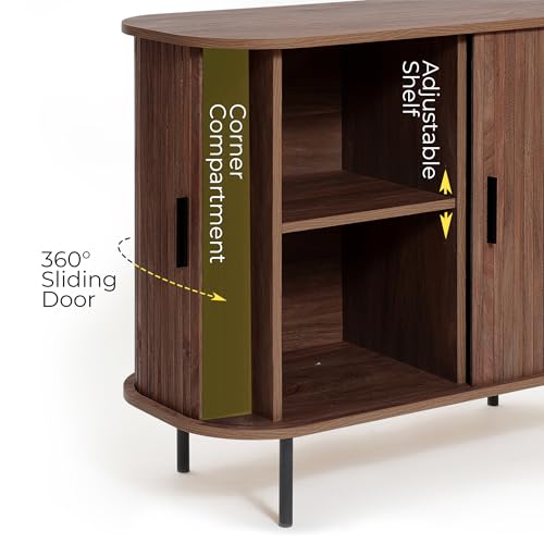 LuxenHome 35” Brown Sideboard Buffet Cabinet with Storage, Accent Cabinet | Sliding Door Storage Cabinets, Mid Century Modern Sideboard Cabinet for Kitchen, Living Room, Entryway - color: Walnut