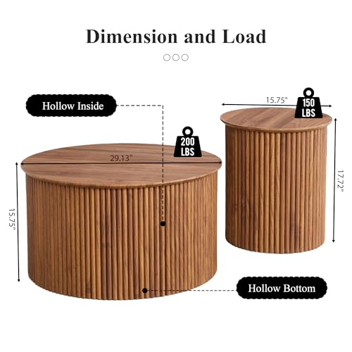 Fluted Round Nesting Coffee Table Set of 2 Circle Center Table Living Room | Walnut Mid Century Modern Wood Coffee Tables and End Table Set, Wood Side Table Minimalist Center Tables for Living Room - color: Walnut, size: Medium-Fluted
