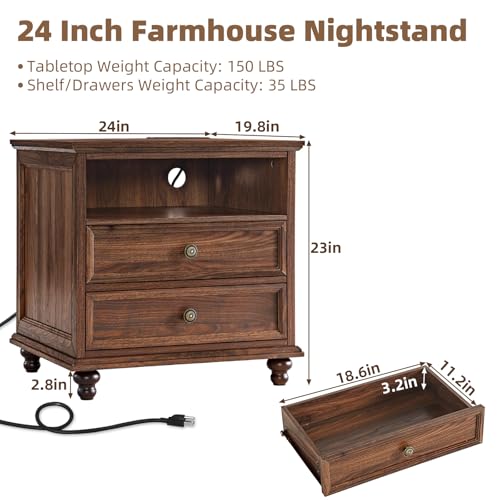Joaxswe 24" Wide Farmhouse Nightstand with Charging Station, End Table with 2 Drawers, Brown Wood Dresser for Bedroom Cabinet, Bed Side Table Chest of Drawers, Night Stand for Living Room, Closet - color: Brown, size: 24"W (2 Drawers)