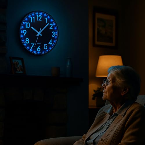 JoFomp LED Wall Clock for Bedroom Night Glow, 8 Inch Silent Wall Clocks Battery Operated, Light Up Wall Clocks for Living Room Decor, Sound Control Modern Wall Clock Glow in Dark for Kitchen Office - color: Blue Light, size: 8 Inch