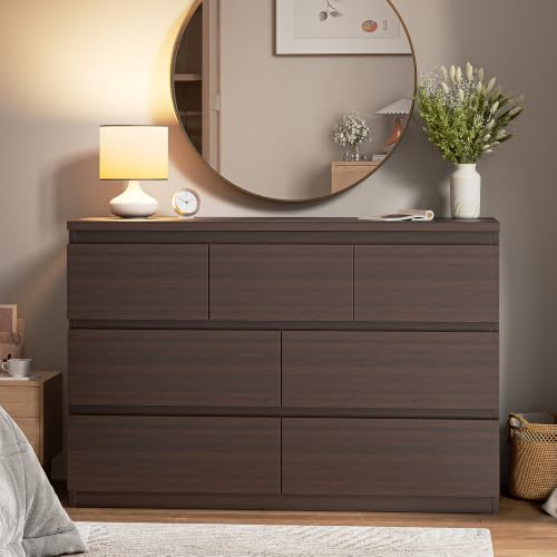 Jocoevol Modern Brown 7 Drawer Dresser for Bedroom, Simply Chest of Drawers, Wood Storage Dresser with Deep Drawers for Living Room Hallway Entryway, Brown - color: Brown