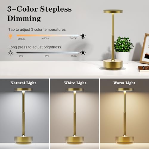 LED Ccordless Table Lamp Rechargeable,Battery Powered Outdoor Table Light | 3 Color Stepless Dimming,5000mAh 72Hrs Long Lasting Battery Operated,Portable Waterproof Touch for Patio Restaurant Dining - color: 2 Pack Gold