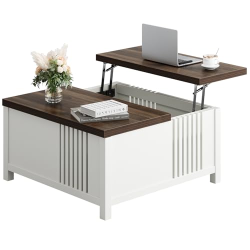knoworld Farmhouse Lift Top Coffee Table with Storage, 35" Square Large Coffee Table with Hidden Compartment, Rustic Wood Center Table for Living Room, White