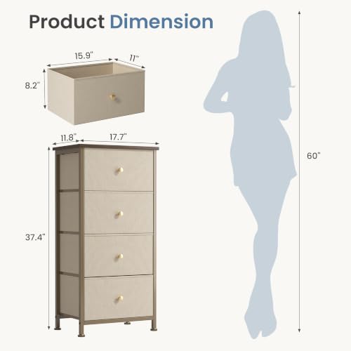 DUMOS Nightstand with 4 Drawers Bedside Table with Removable Fabric Bins Sturdy Steel Frame Wood Top Organizer Furniture for Bedroom Closet Living Room, Tan - color: Tan, size: 11.8"D x 17.7"W x 37.4"H (4 Drawers)