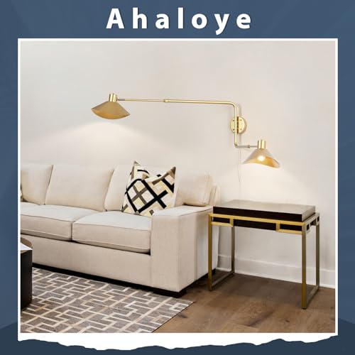 Gold 2-Light Plug in Wall Sconce, Big Adjustable Swing Arms Wall Light Fixture for Living Room Bedroom Bedside Wall Light Adjustable Swivel Arms Extendable Length 22” to 58” - color: A-Gold