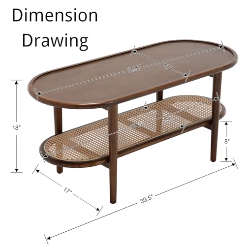 Modern Rattan Coffee Table, 39.5 Oval Walnut Wood Coffee Table with Storage Shelf for Living Room, 2-Tier Center Table Entryway Table Side Table Nightstand for Bedroom Office Small Space Cafe - color: Walnut