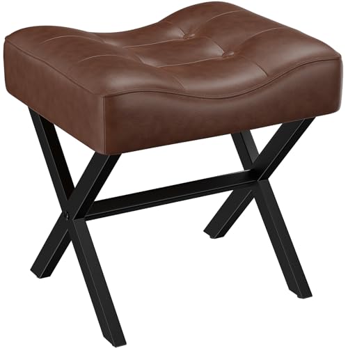 18-Inch Large Leather Vanity Stool Chair, Dark Brown Makeup Stool | Vanity Bench, Metal X-Leg, 350 LBS, 20"x16.9"x18", Ottoman Accent Stool, Thick Padded Saddle Seat, For Living Room Bedroom - size: Large, style: Dark Brown Leather