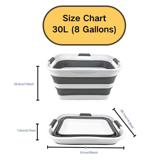 SAMMART 30L (8 gallons) Collapsible Plastic Laundry Washing Tub/Basket - Portable Laundry Hamper/Storage Container Foldable Laundry Basket - Space Saving (White/Steel Grey) - color: White/Steel Grey, size: 20 x 15.2 x 10 inches